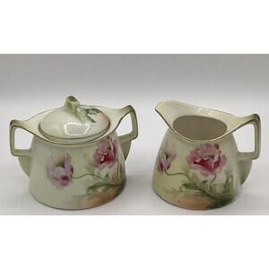 RS Germany Flowers Peony Handled Covered Bowl Sugar Dish And Creamer Lid